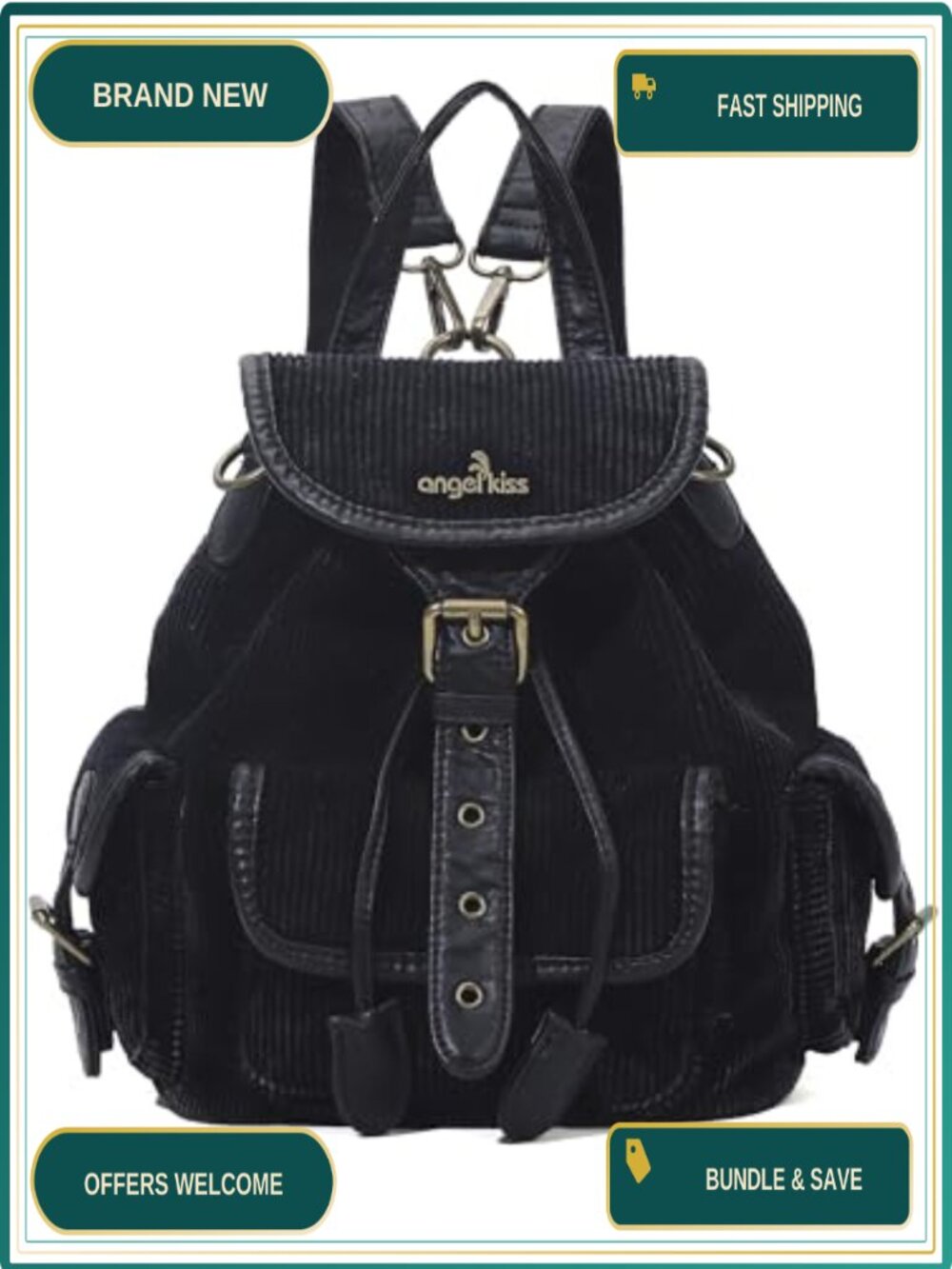 Corduroy Vegan Leather Trim Convertible Backpack Purse